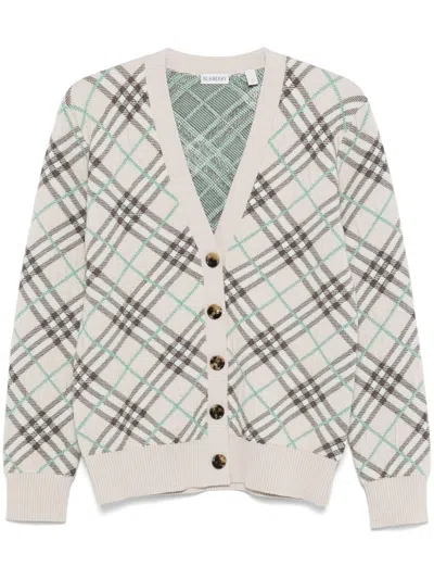 BURBERRY NEUTRAL CHECKED CARDIGAN - WOMEN'S - MOHAIR/WOOL/POLYAMIDE/BUFFALO HORN