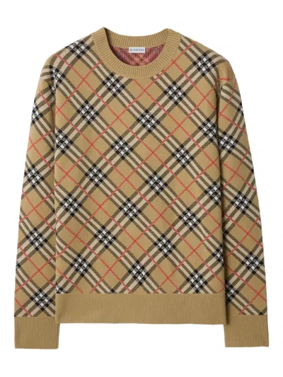 Burberry Checked Crew Neck Sweater Long Sleeves In Brown