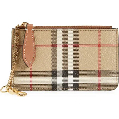 Burberry Kelbrook Check Canvas & Leather Card Case With Key Ring In Archive Beige/briar Brown
