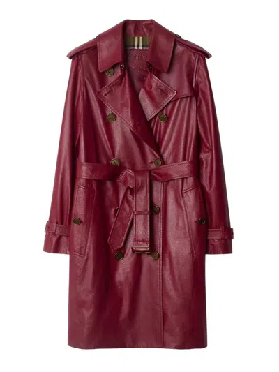 Burberry Mid-length Leather Kensington Trench Coat In Pink