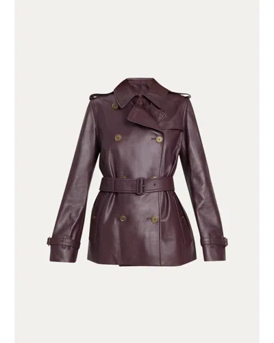 Burberry Kensington Leather Belted Short Trench Jacket In Burgundy