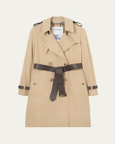 Burberry Kensington Leather-trim Double-breasted Trench Coat In Neutral