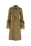 Burberry Cotton Blend Trench Coat With Fur Cuffs In Brown