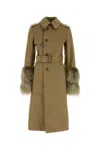 Burberry Cotton Blend Trench Coat With Fur Cuffs In Brown