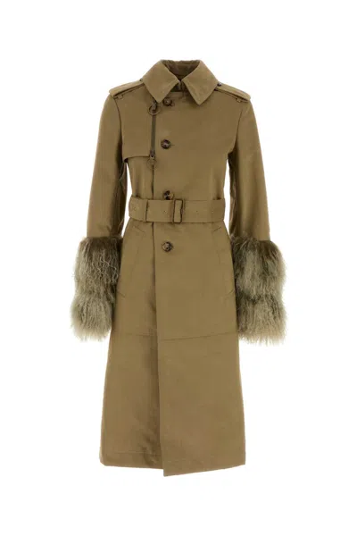 Burberry Long Trench Coat With Shearling Cuffs In Beige