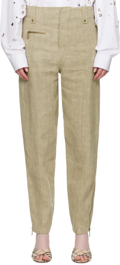 Burberry Khaki Linen Tailored Trousers In Khaki/milk