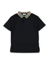 Burberry Kid -  Black Polo With Check Collar In Black