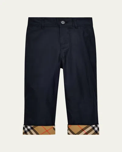 Burberry Kid's Check Turn-up Cotton Trousers In Black