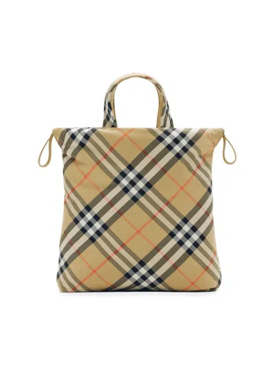 Burberry Kid's Drawstring Check Tote Bag In Sand