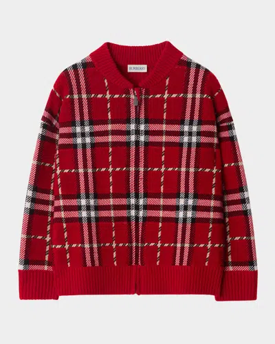 Burberry Kid's Duncan Check Cardigan Sweater In Red