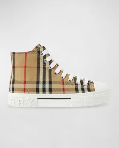 Burberry Kid's Mini Jack Check High-top Sneakers, Baby/toddler In Brown
