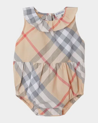 Burberry Kid's Norah Check Sunbubble Bodysuit In Brown