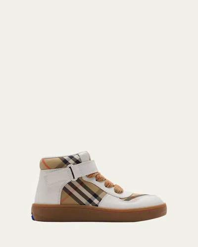 Burberry Kid's Sheldon Check Cotton And Leather High-top Sneakers, Toddler/kids In Multi