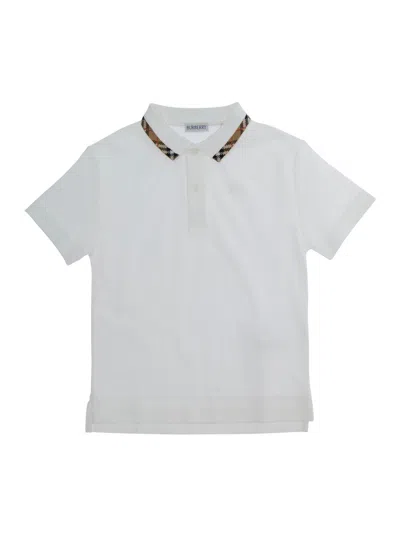 Burberry Kids Baby Boy Cotton Polo Shirt With Check Motif Collar In White
