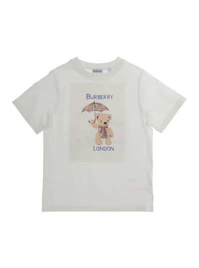 Burberry Kids Baby Boy Cotton T-shirt With Front And Back Logo Print In White