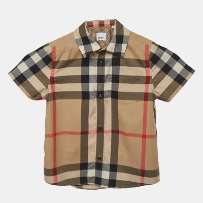 Pre-owned Burberry Kids Beige Check Print Cotton Short Sleeve Shirt 4 Yrs In Sand