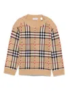 Burberry Kids Beige Signature Check Pattern Long Sleeves Crew Neck Wool Knitted In Brown