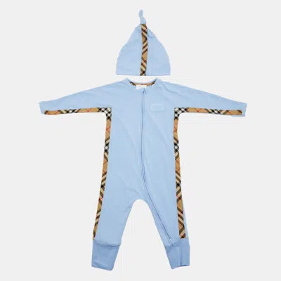 Pre-owned Burberry Kids Blue Check Trim Cotton 3-piece Baby Romper Gift Set 9m