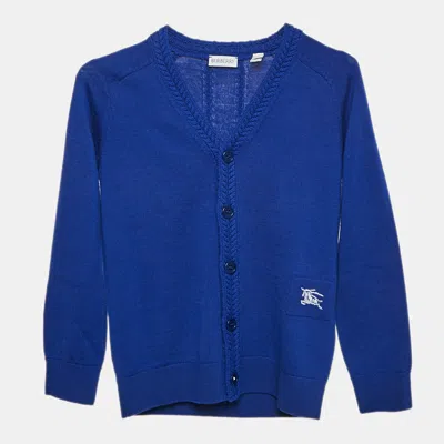 Pre-owned Burberry Kids Blue Gingham Cable Wool Cardigan 8 Yrs