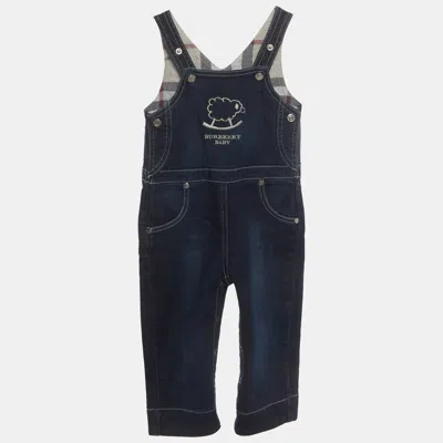 Pre-owned Burberry Kids Blue Logo Sheep Embroidered Denim Overalls 24 M
