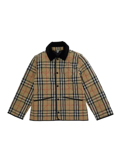 Burberry Kids Check Motif Tech Fabric Jacket With Velvet Collar For Baby Boy In Brown