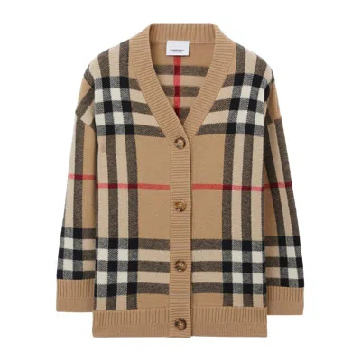 Burberry Kids Checkered Buttoned Knitted Cardigan In Beige
