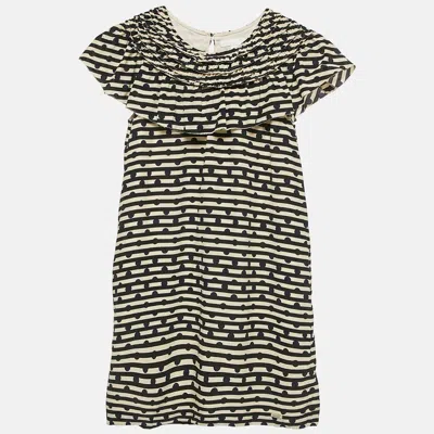 Pre-owned Burberry Kids Cream/black Striped Silk Ruffed Dress 12 Yrs