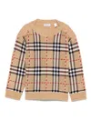 Burberry Kids Beige Signature Check Pattern Long Sleeves Crew Neck Wool Knitted In Brown