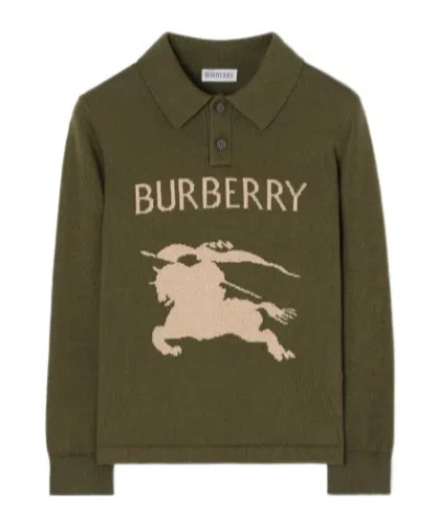Burberry Kids Equestrian Logo Intarsia Knight Polo Shirt In Green