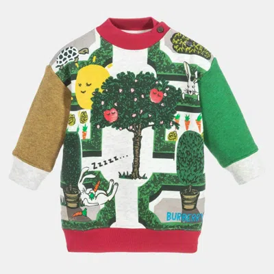 Pre-owned Burberry Kids Green Maze Print Cotton Knit Dress 12m