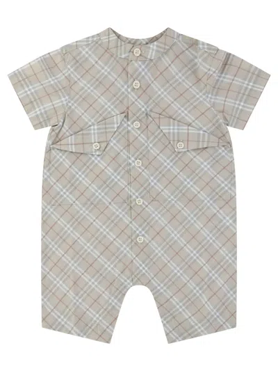Burberry Kids Mini Check Cotton Playsuit For Baby Boys In Nude