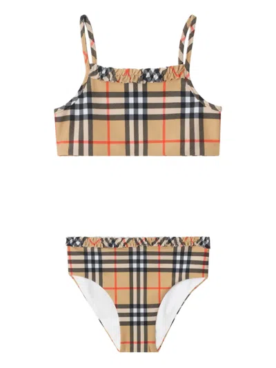 Burberry Kids Mini Ruffled Check Bikini For Girls In Brown