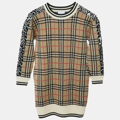 Pre-owned Burberry Kids Multicolor Plaid And Leopard Jacquard Knit Sweater Dress 8 Yrs
