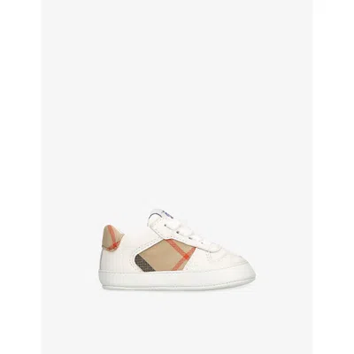 Burberry Kids' N1 Noah Check-print Cotton And Leather Low-top Trainers White/comb Eur 17 / 1 Uk