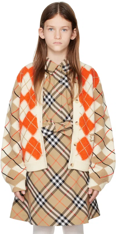 Burberry Kids Orange Argyle Wool Cardigan In Orange Red Ip Pat