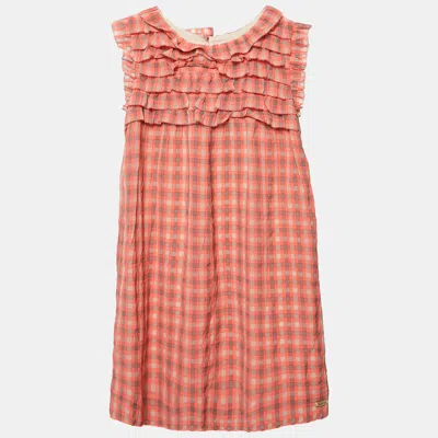 Pre-owned Burberry Kids Pink Checks Crepe Ruffled A-line Dress 8 Yrs