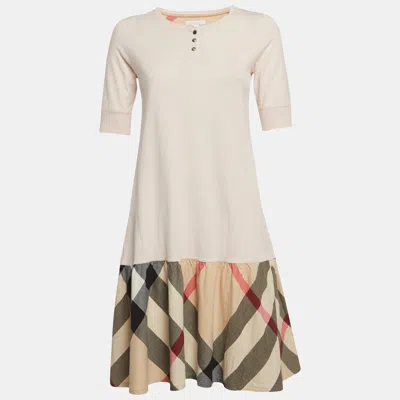 Pre-owned Burberry Kids Pink Cotton Knit & Nova Check Hem Detail Dress 14 Years