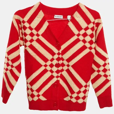 Pre-owned Burberry Kids Red Maddy Checks Wool Blend Cardigan 8 Yrs