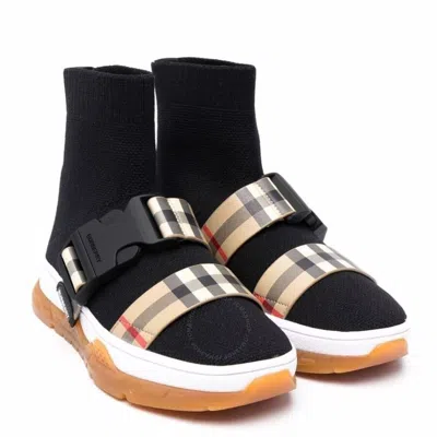 Burberry Kids Stretch Knit Buckled Strap Snock Sneakers In Black