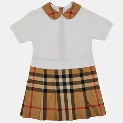 Pre-owned Burberry Kids White/beige Checked Cotton Dress Size 8 Yrs