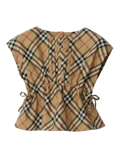 Burberry Kids' Girl's Trevelle Check-print Pintucked Top In Beige