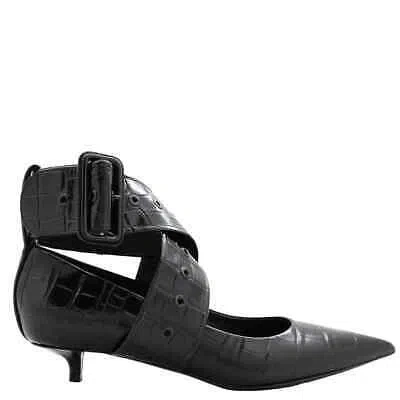 Pre-owned Burberry Kitten-heel Point-toe Embossed Leather Pumps In Black