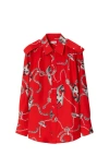 Burberry Chain-print Shoulder-epaulet Button-front Silk Top In Silver/black