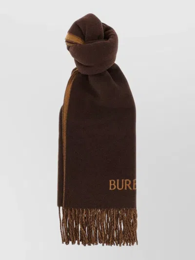 Burberry Knight Motif Reversible Scarf Fringe Detail In Brown