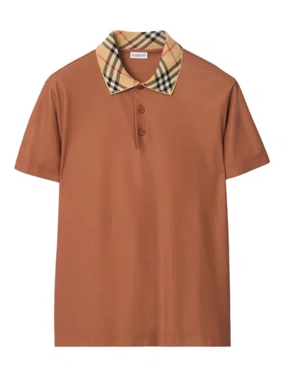 Burberry Knit Polo With Check Collar - Size M In Brown