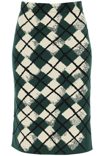 Burberry Knitted Diamond Pattern Midi Skirt. In Green