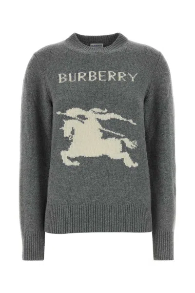 Burberry Graphic Knit Sweater With Ribbed Cuffs And Hem In Gray