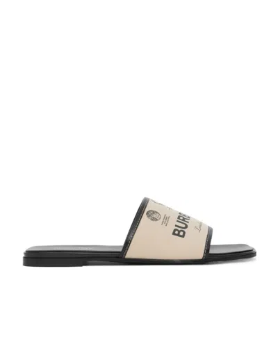 Burberry Label-print Gabardine Leather Slides In Multi