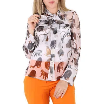 Pre-owned Burberry Ladies Amelie Monkey Print Silk Pussy-bow Blouse In Multicolor