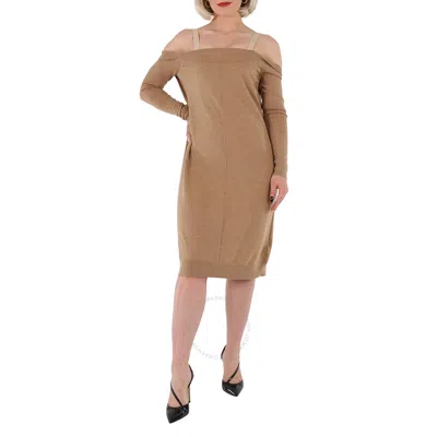 Burberry Ladies Biscuit Bra-detail Long Sleeve Wool Dress In Brown